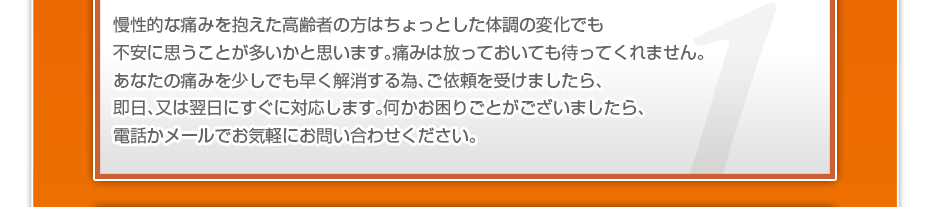 慢性的な痛みを抱えた高齢者の方はちょっとした体調の変化でも不安に思うことが多いかと思います。痛みは放っておいても待ってくれません。あなたの痛みを少しでも早く解消する為、ご依頼を受けましたら、即日、又は翌日にすぐにご対応します。電話やメールでお気軽にお問い合わせください。